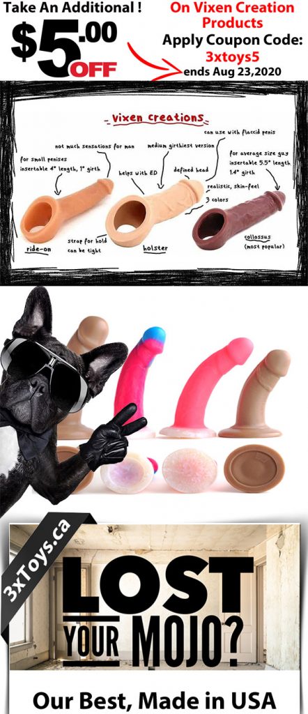 Vixen Creations The world's premier manufacturer of 100% Platinum silicone sex toys since 1992. Fine art and eroticism unite in our line of hand-crafted adult toys. Vixen Creations are as feisty as their name! They are the top manufacturer of 100% platinum silicone adult sex toys and their VixSkin dildos are particularly popular for their realistic appearance and feel. Their products are non-toxic, non-porous and durable....